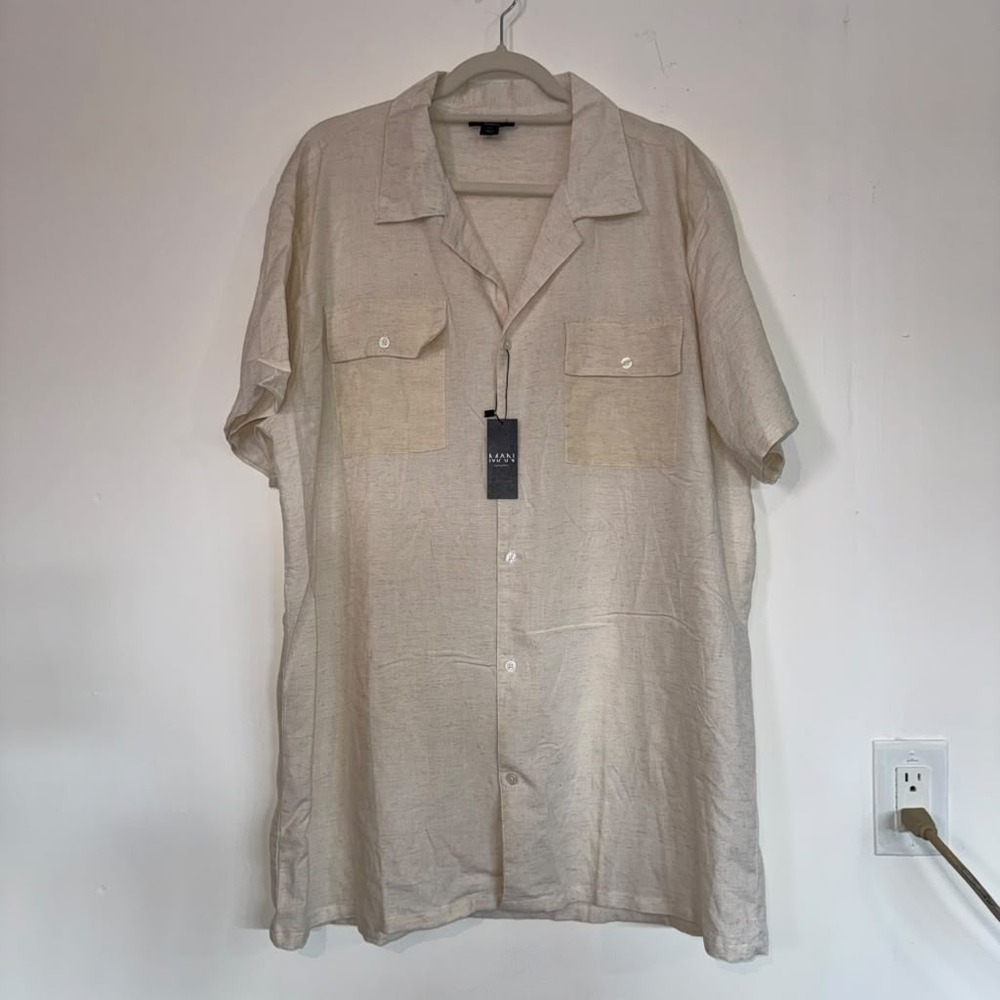 NWT BoohooMan Men's Sz 2XLT Linen Cargo Shirt Short Sleeves Beige Utility Resort
